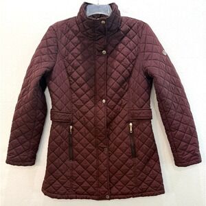 Women's Calvin Klein Size Small Quilted Puffer Jacket Coat Burgundy Gold Accent